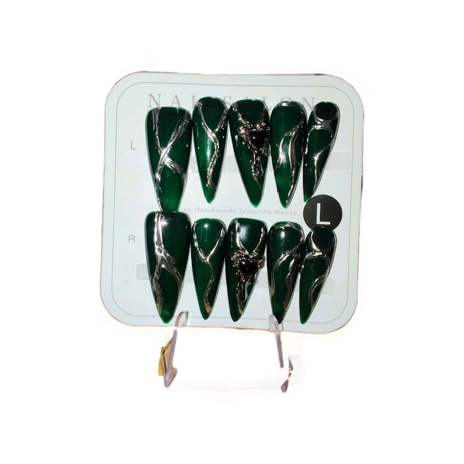 Green Silver Black 3D Stiletto Large Press-On Nails Full Cover