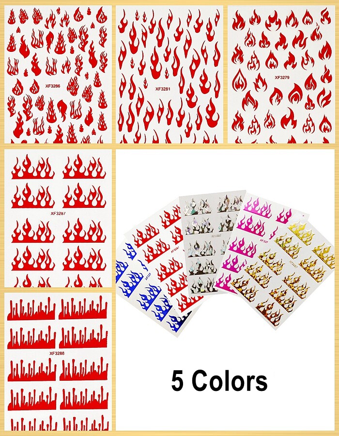 5 Types Fire Flame 3D Nail Stickers Laser Gold Silver Red Blue & Rose Red