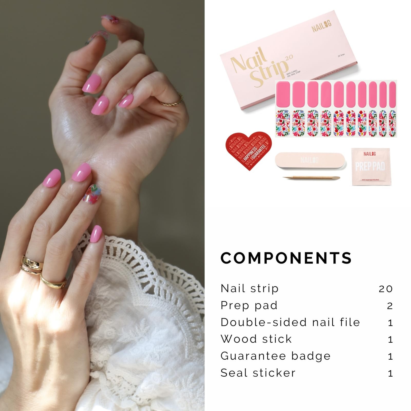 Semi Cured Gel Nail Strips, 20 Pcs Pink Flowers Long Lasting Stickers Extra L…