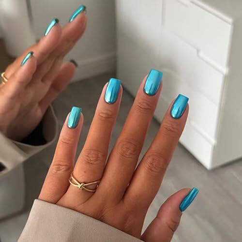 Teal Blue Chrome Square Press on Nails Short Medium, Mirror Metal metallic teal