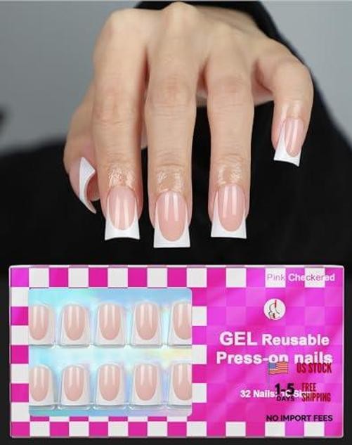 16 Sizes Short Duck Nails Press on, 32pcs Deep White French Tip Gel Nude French