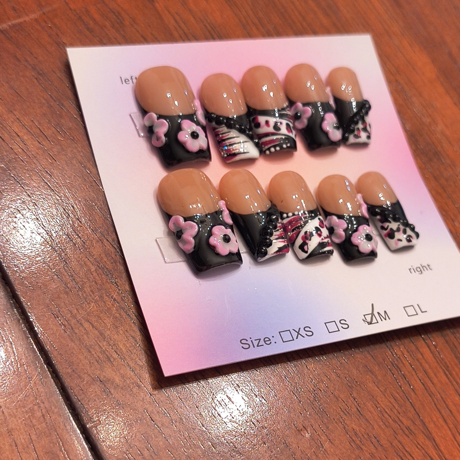 Press-On Nails Medium Square Beige Black Pink White 3D Floral Full Cover