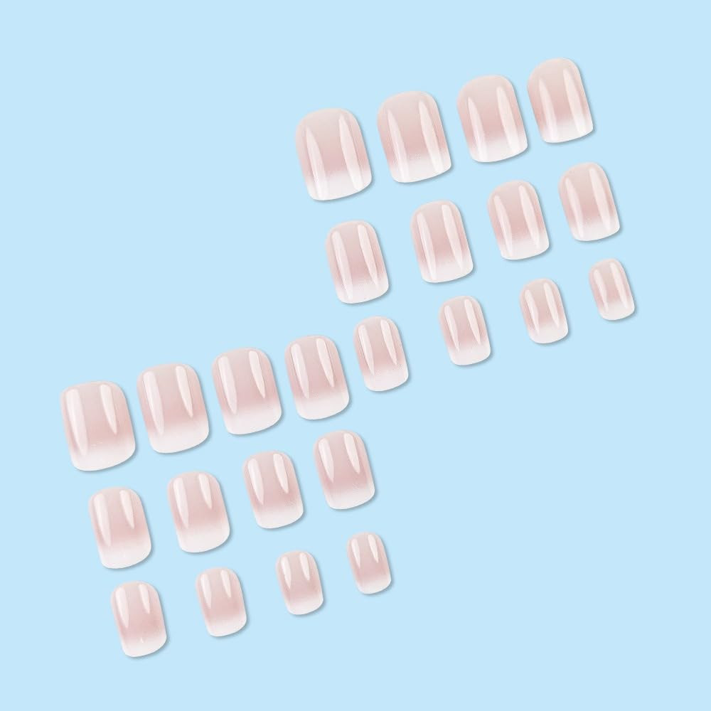 French Tip Press on Nails Short Square Fake Nails Pink White Gradient style1