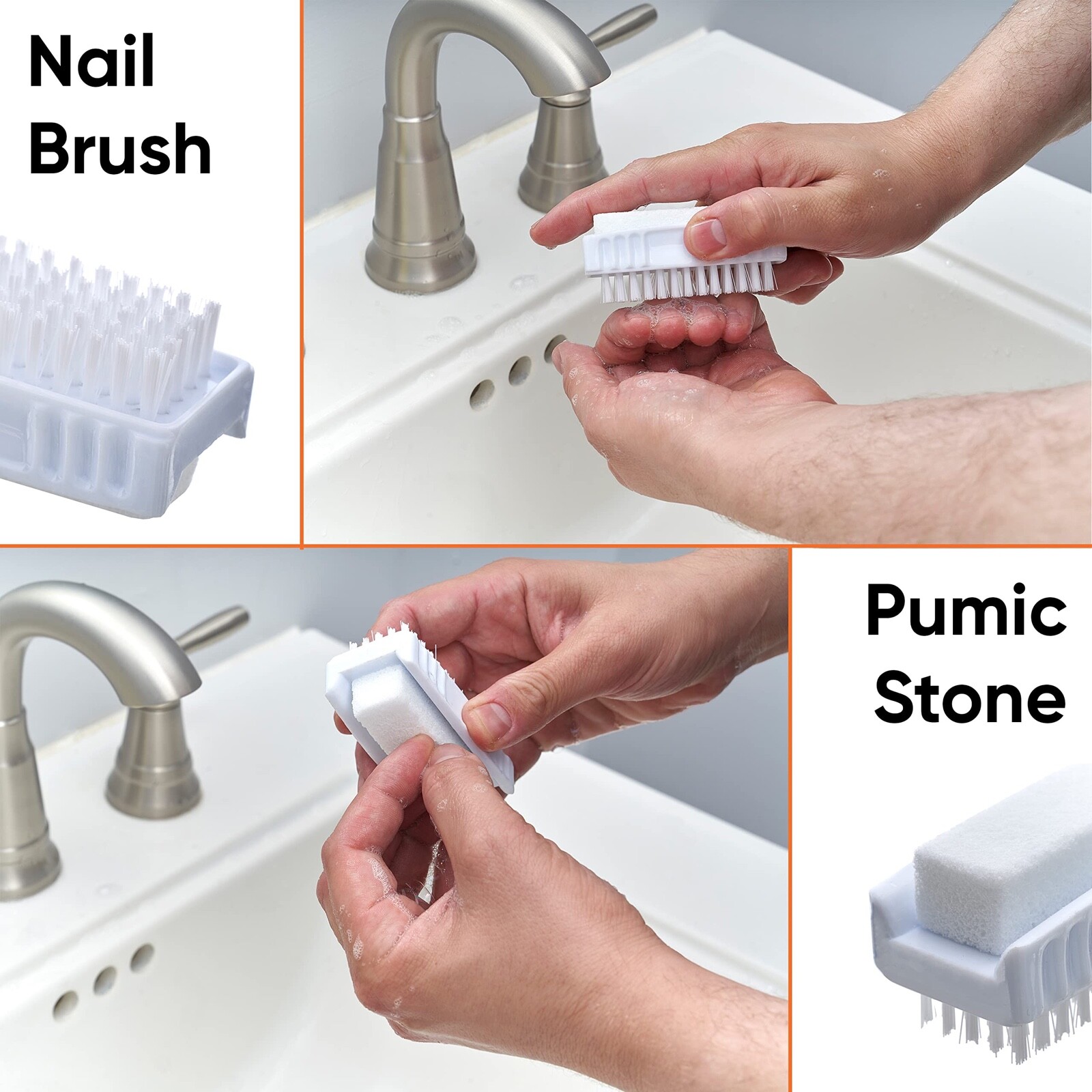 Superio White Pumice Stone Brush and Nail Brush, Dual Side, Stiff Bristles