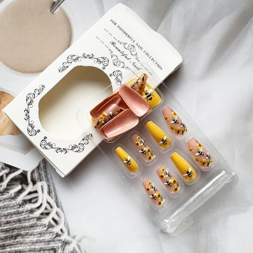 Coffin Press on Nails Yellow Fake Nails Spring Summer False Nails Style-A8