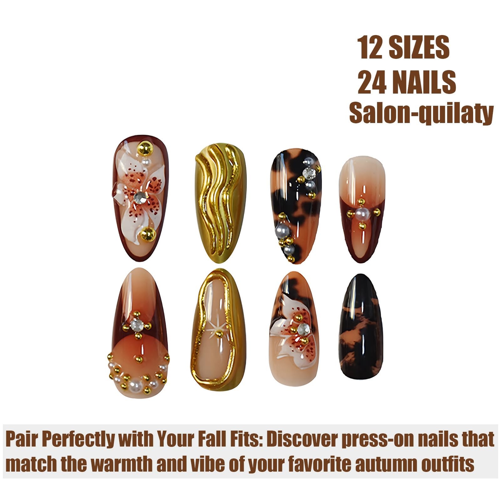 Press On Nails Almond 3D Design Flower Brown Press Ons Nails For