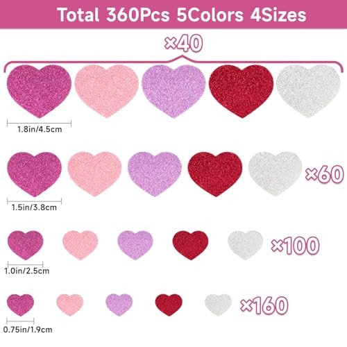 360Pcs Heart Stickers – Colorful Glitters Shape Stickers for Reward Foam Heart
