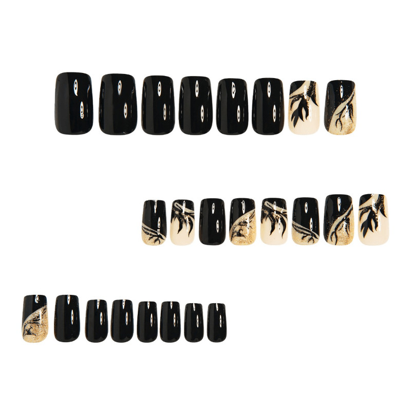 48Pcs Gold Glitter Leaf Black French Coffin Press on Nails, Cool Nude Fake Nails