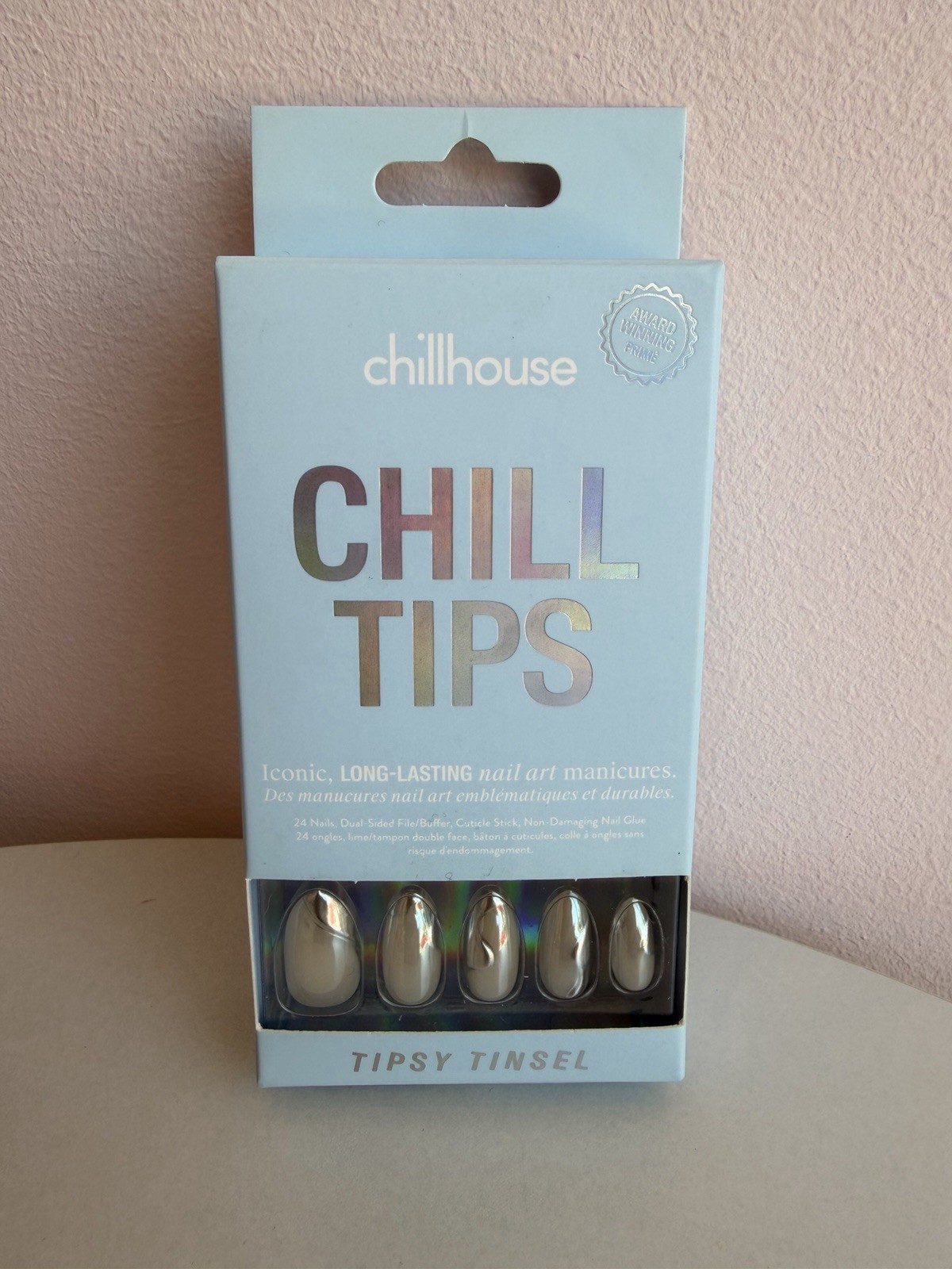 chillhouse Press-On Nails Tipsy Tinsel Beige Silver Shiny Oval Long-Lasting