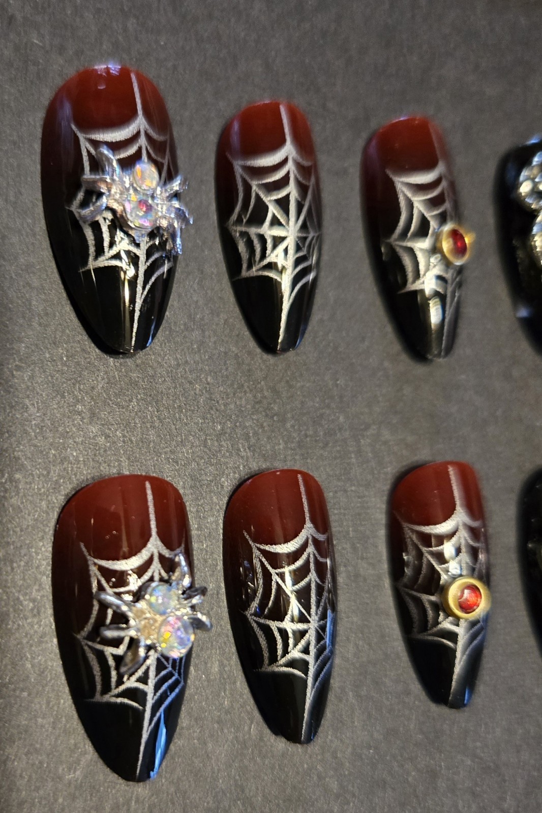 Black Red Silver Spiders Webs Red Gemstones Press On Nails Halloween Decorated