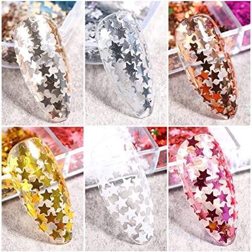 Stars Nail Art Glitter Sequins, 3D Sparkly Nail Flakse Five-Pointed Star