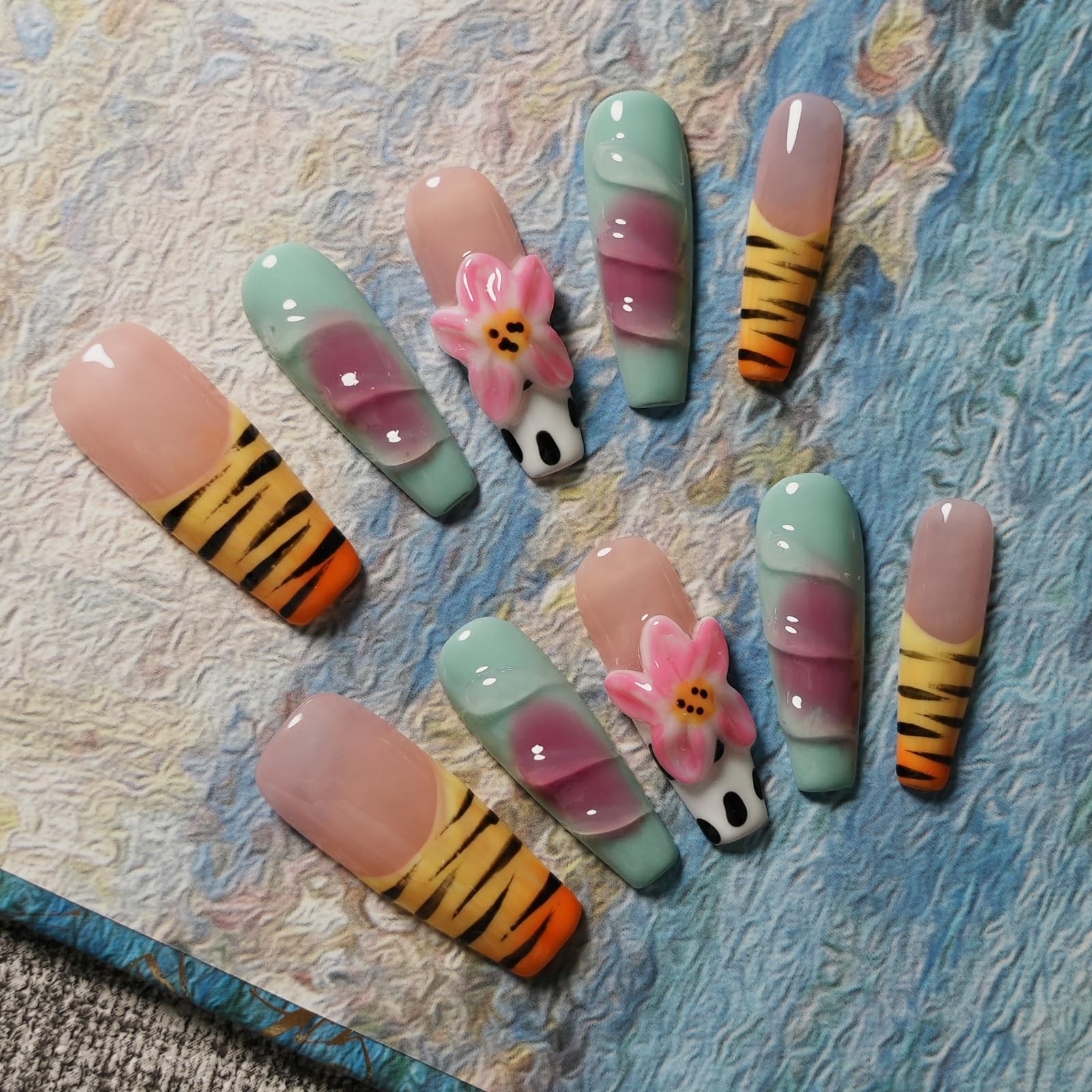 Long Coffin Press on Nails Handmade Muti-Layer Gel Fake Nails – 3D Lotus Flow…