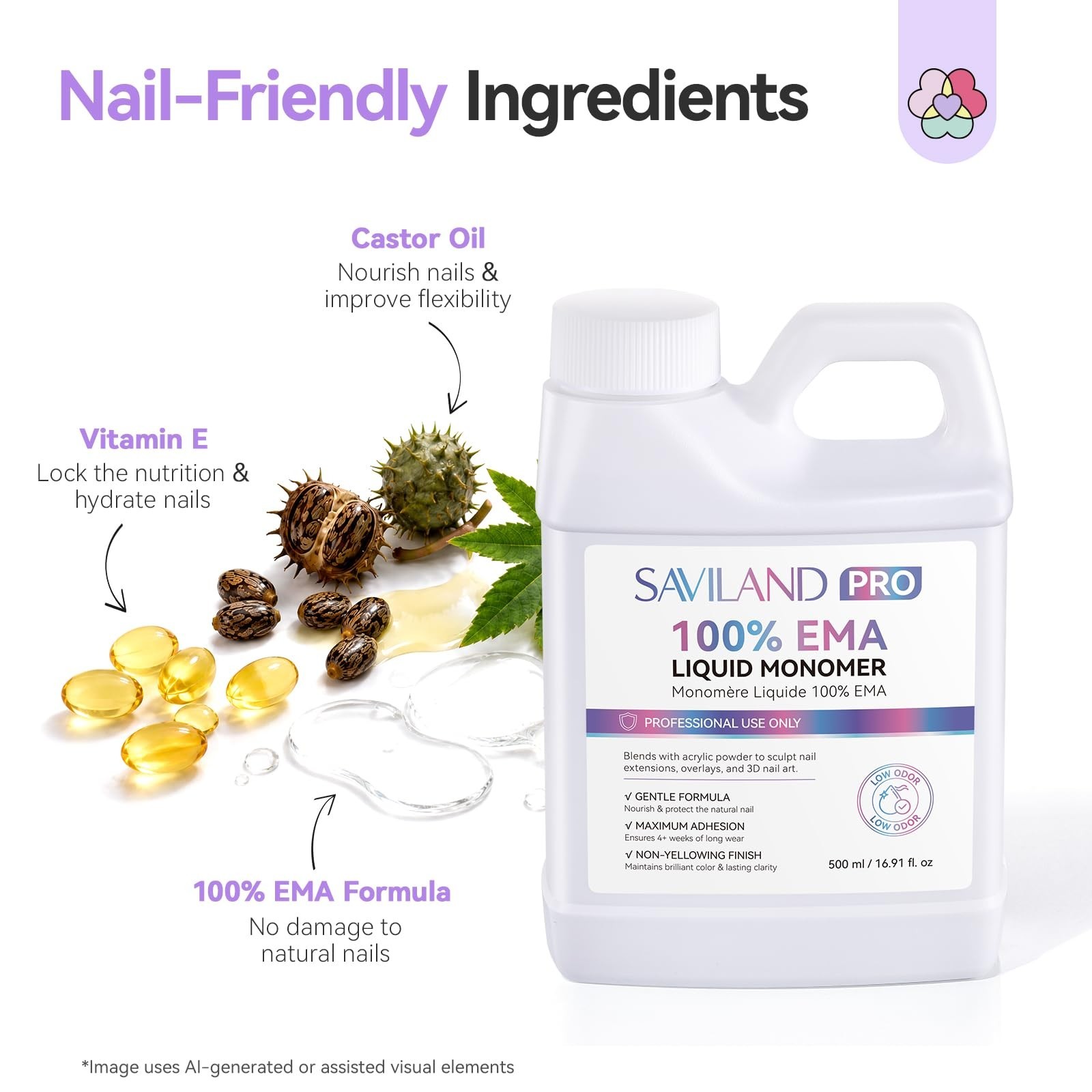 500ml Low Odor Acrylic Nail Liquid, Pure EMA Monomer + 3 Brushes, Non-Yellowing,