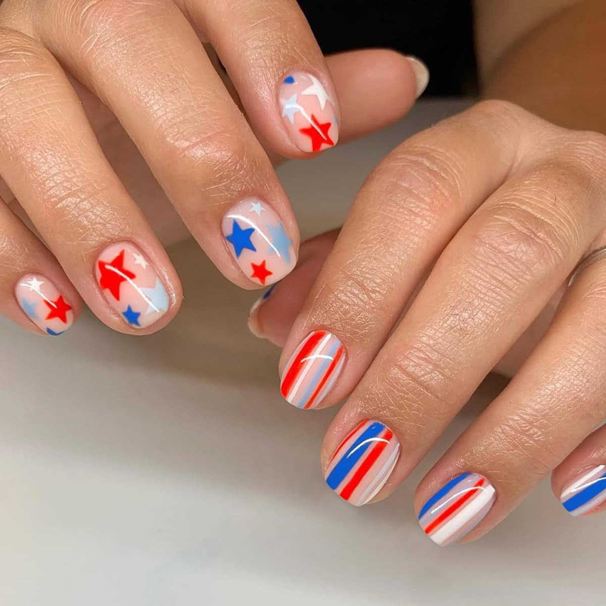 4Th of July Press on Nails Short Square – Red White & Blue Stars & Stripes Desig