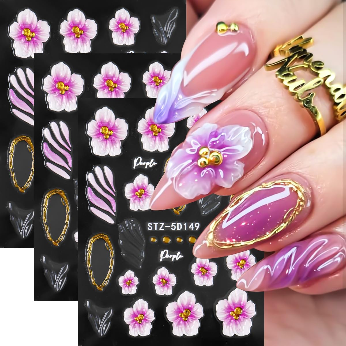 Flower Nail Art Stickers Decals,3 Sheets 5D Embossed Self Adhesive Stickers | Pi