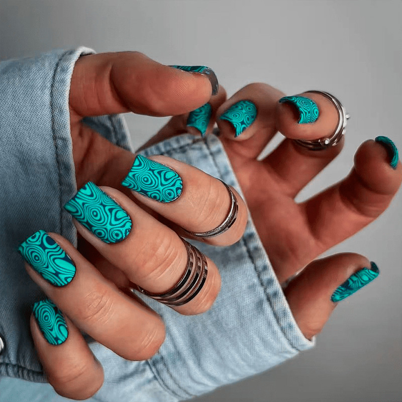 48pcs Short Square Press on Nails, Teal Blue Swirl Pattern Fashion Nail Art