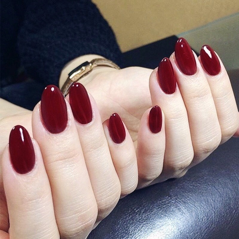 48pcs-Medium Almond Press on Nails, Glossy Burgundy Red Solid Color Fake Nails