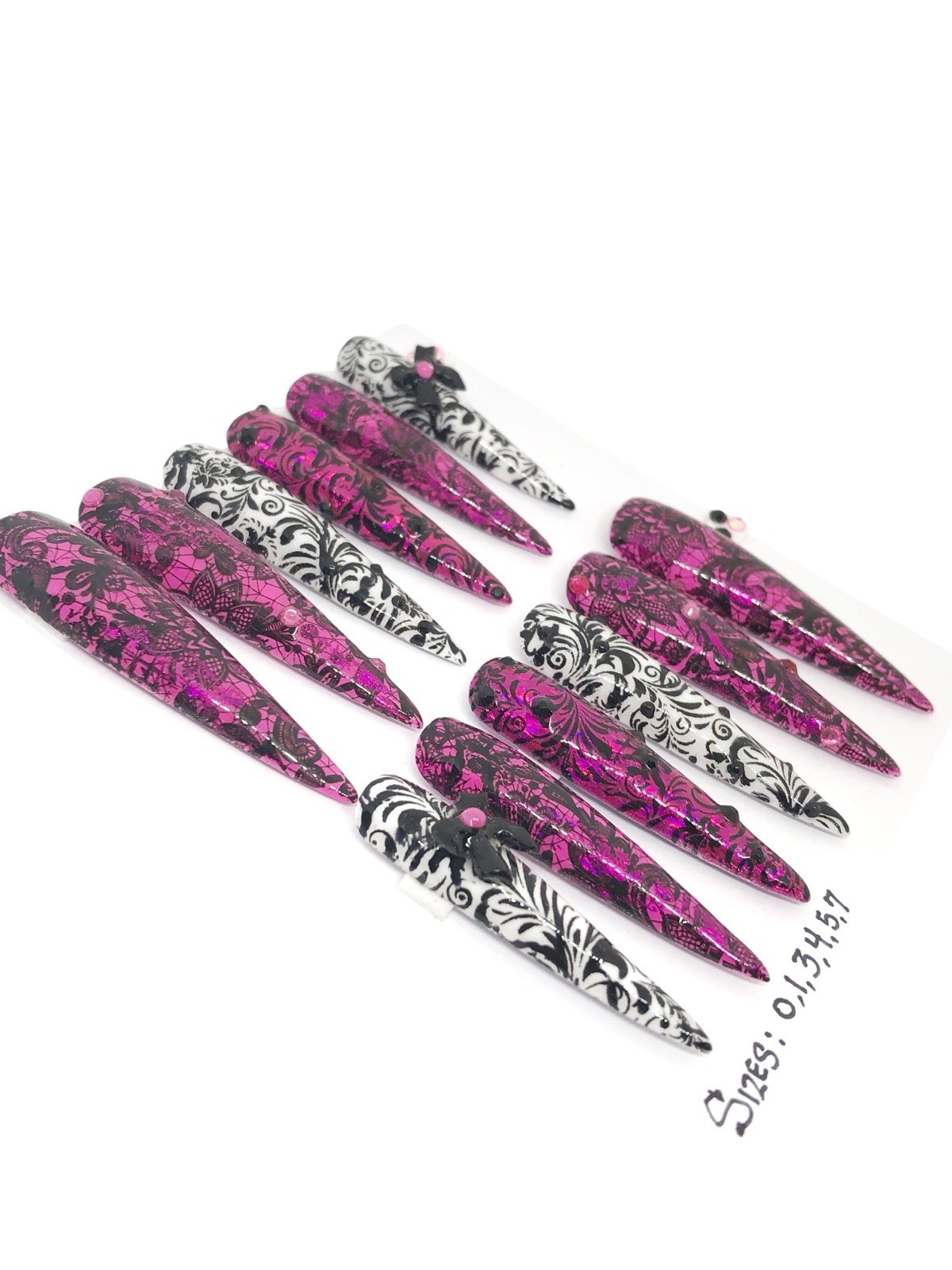 Handmade Custom Press On Nails 2X Length Stiletto Pink White Black Lace Nails