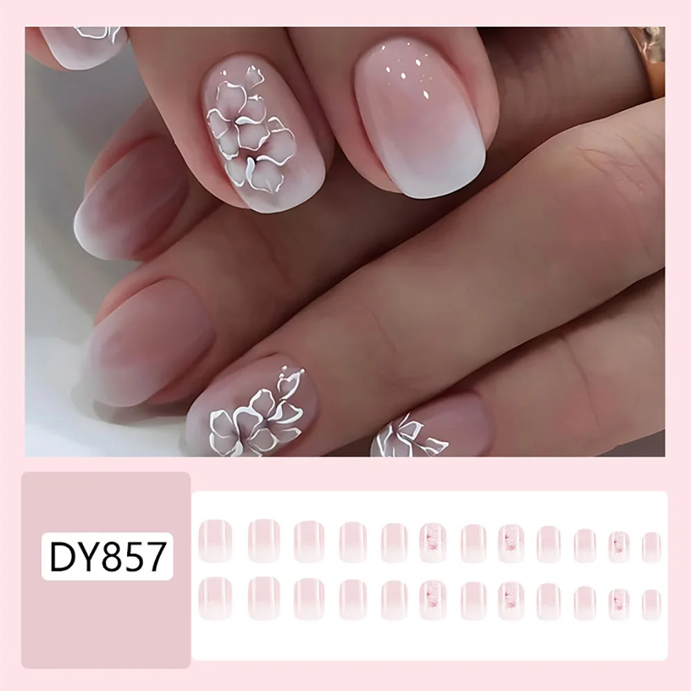 24pcs Set Short Square French Press On Nails Flower Butterfly Design Fake Nails