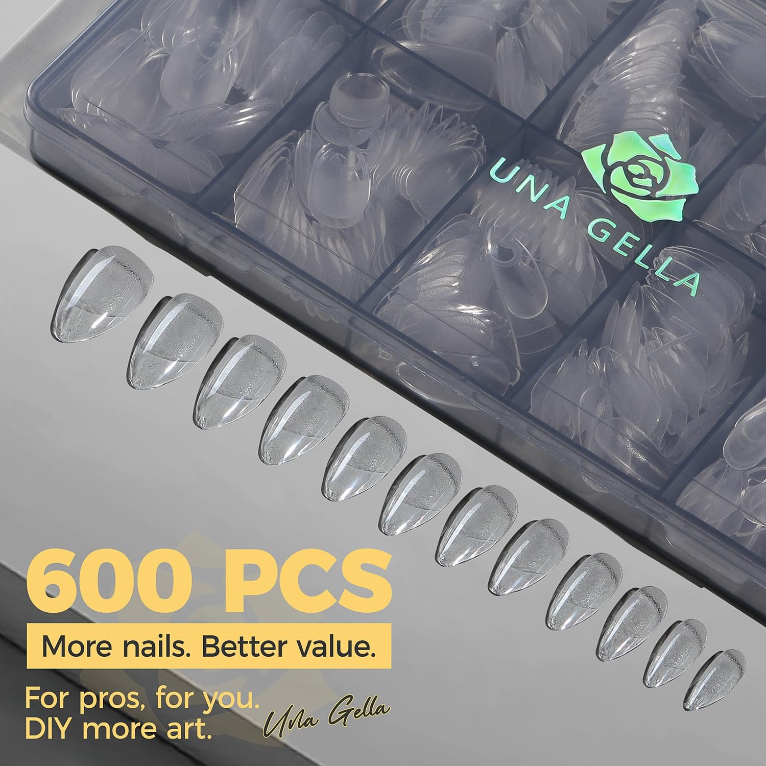Una Gella 600 Pcs Almond Gel Nail Tips Pre Etched Medium Almond Nail Tips 12