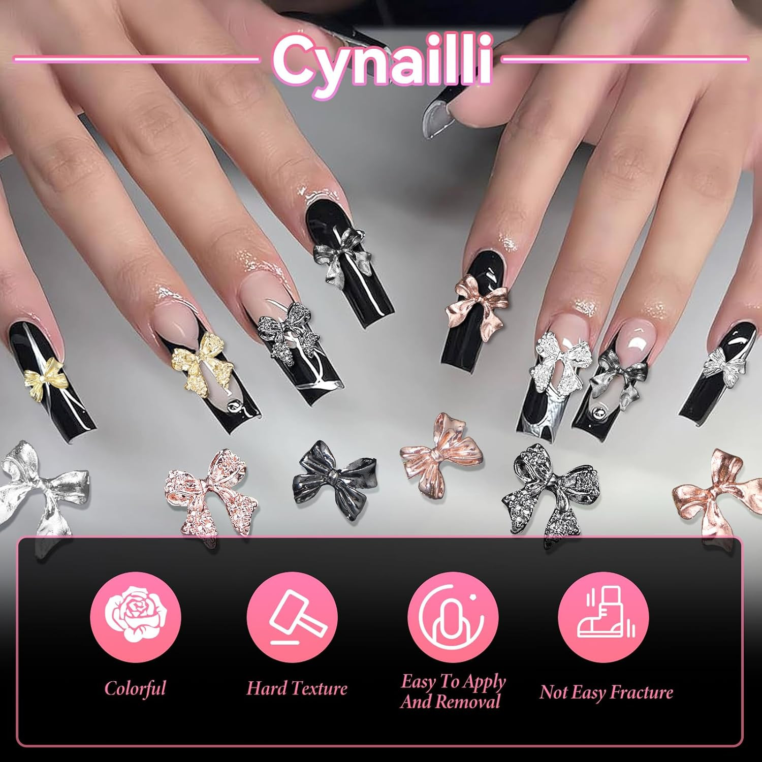 60 Pcs Metal Bow Nail Gems, 3D Alloy Bow Kont Nail Charms – 12 Styles Silver, Go