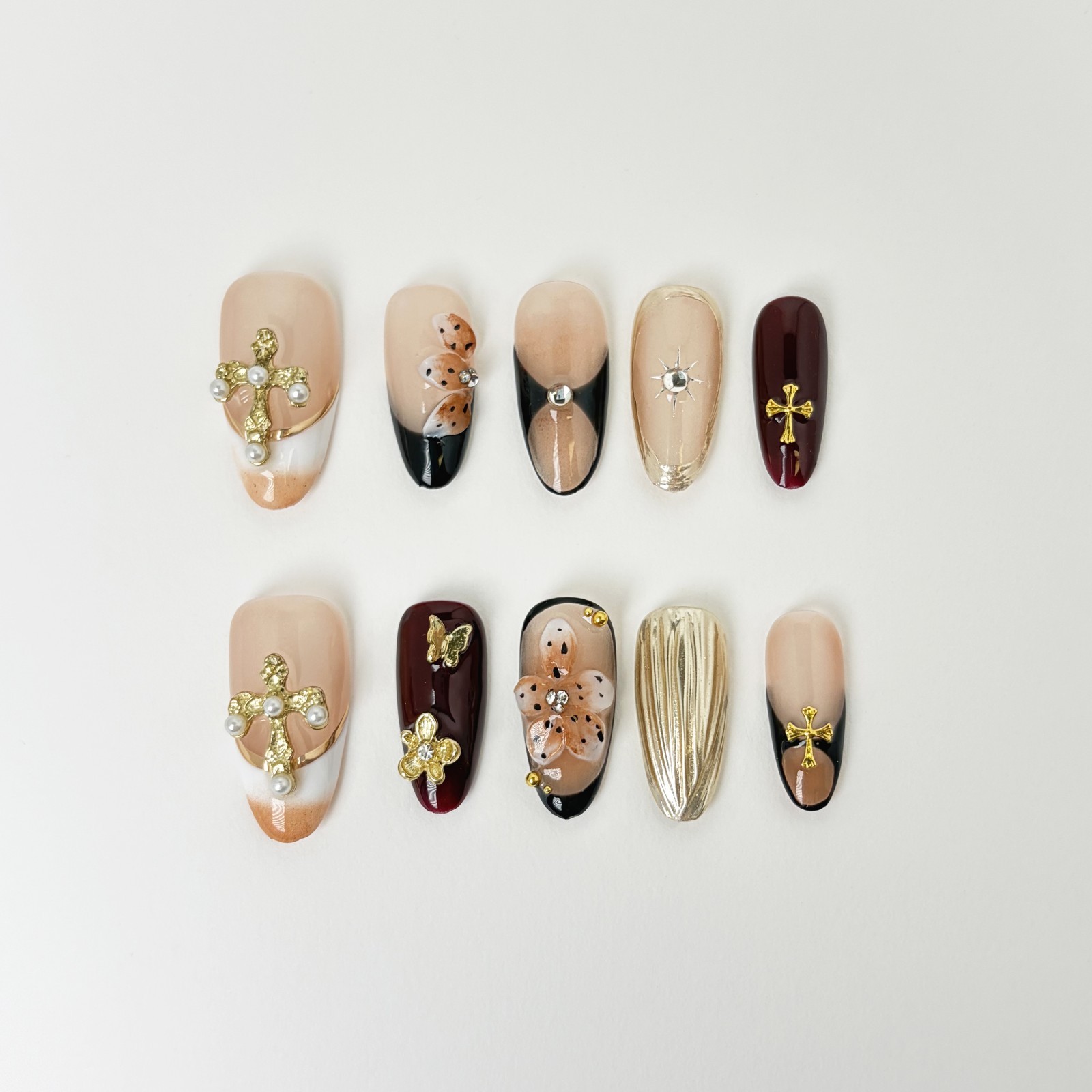 Sweet Gothic Rococo Press-On Nails with Pearl Cross & Metallic Accents Almond