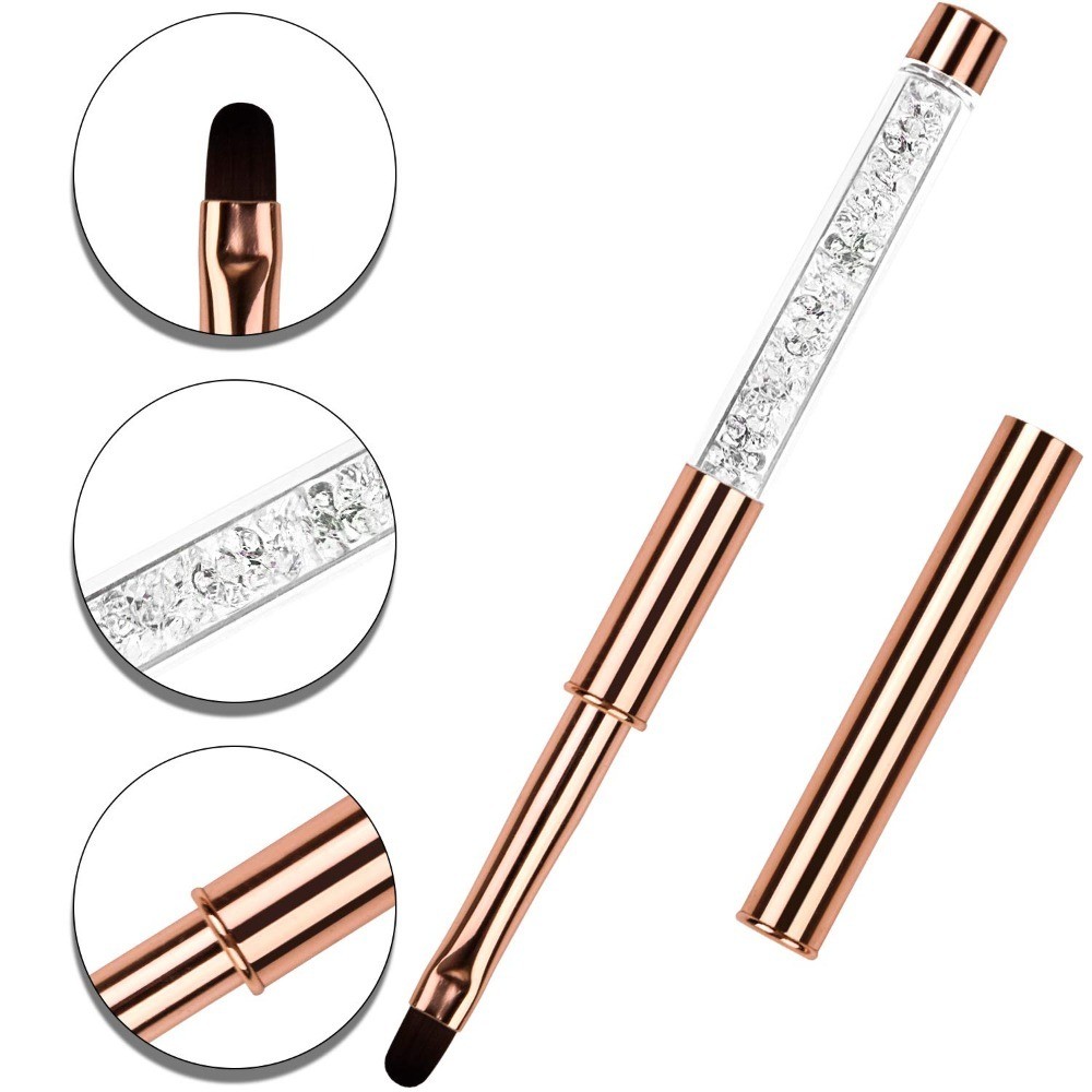 Professional Oval UV Gel Nail Art Brush Size 8 with Rhinestone Rose Gold Handle