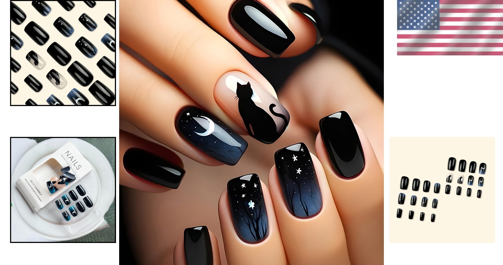 24Pcs Moon Star Glossy Black Press On Nails – Medium Length Acrylic Full Cover