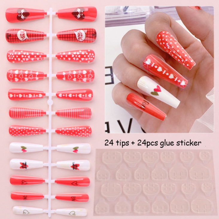 24PcsFake Nails Kit Set Love Valentine Nails Stiletto Ballerina Manicure Acrylic