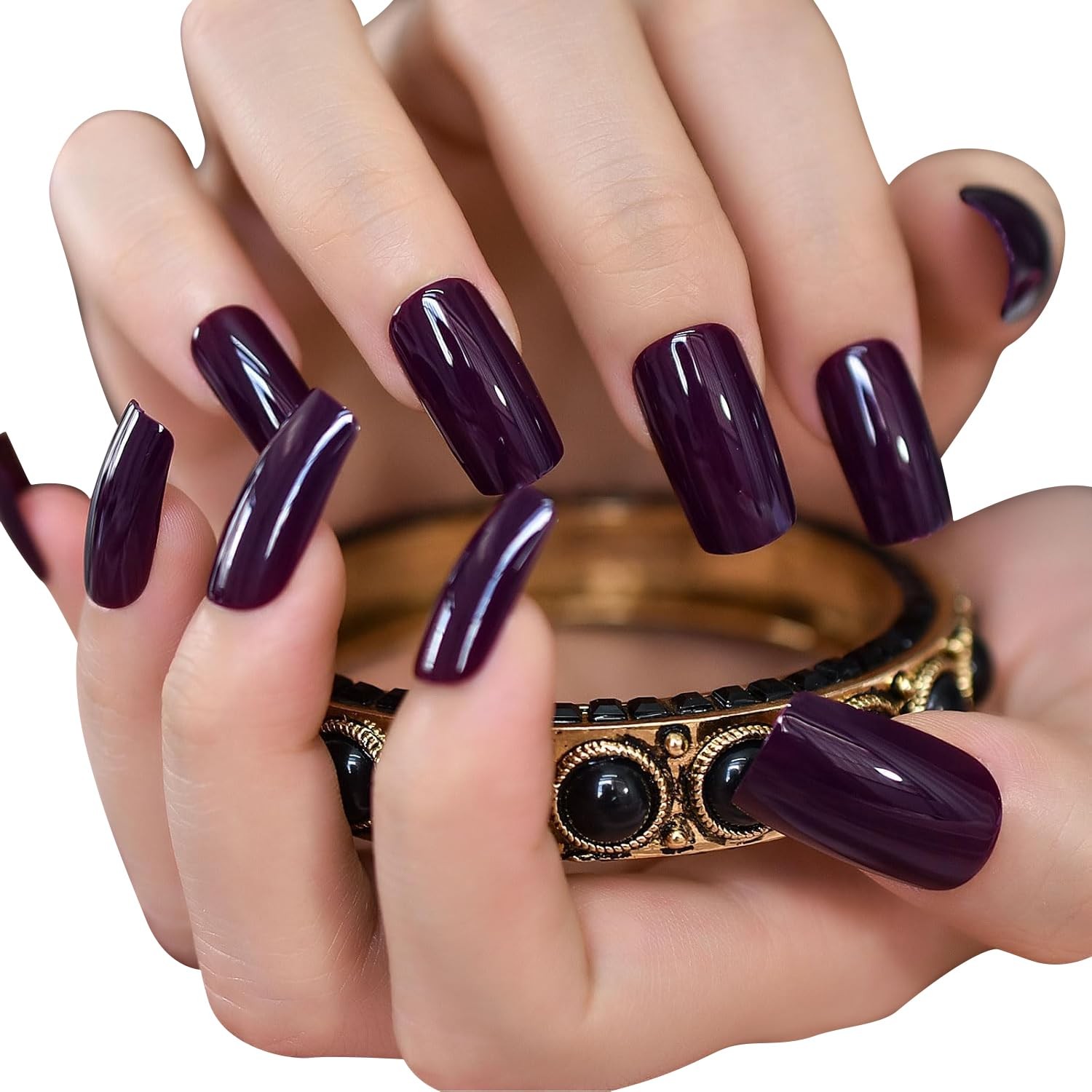 Glossy Finished Dark Grapes Purple Press On False Nails Medium Length Squoval…