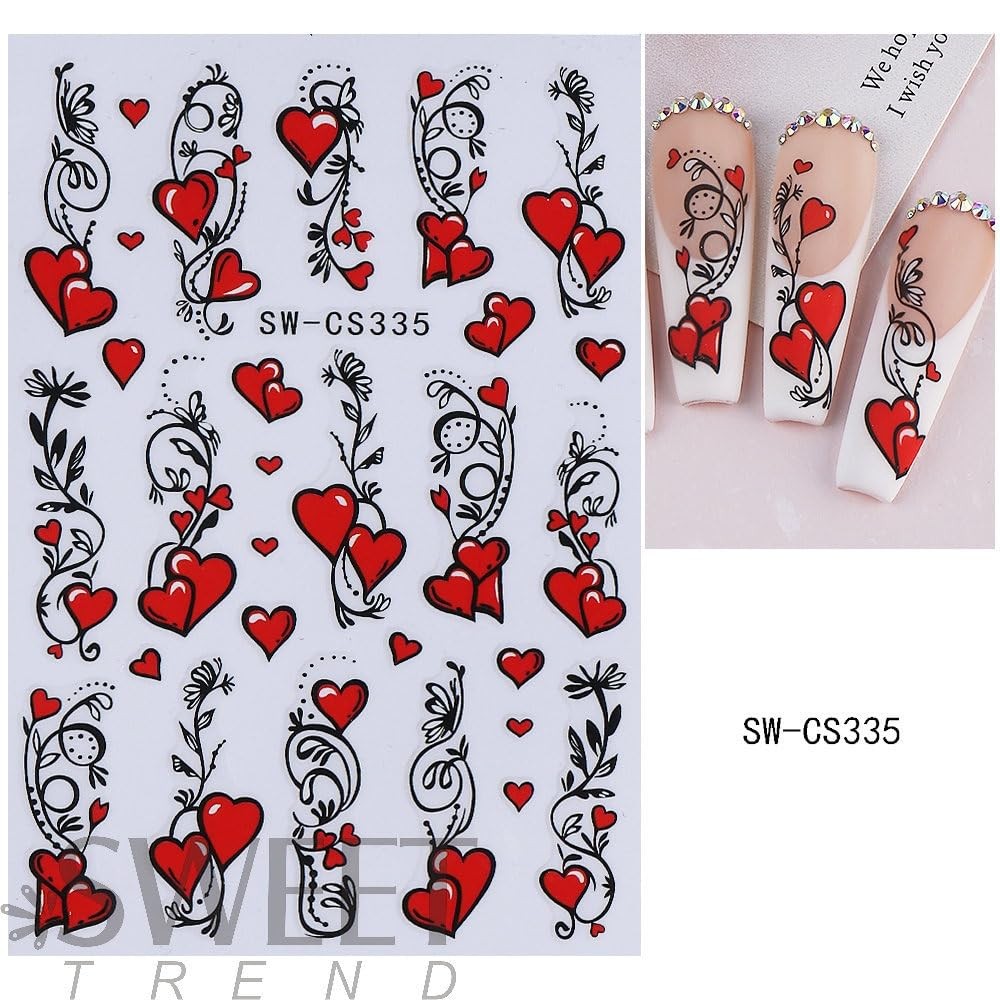 Valentines Day Nail Stickers Red Hearts Nail Decals Cute Yellow Love Nail Des…