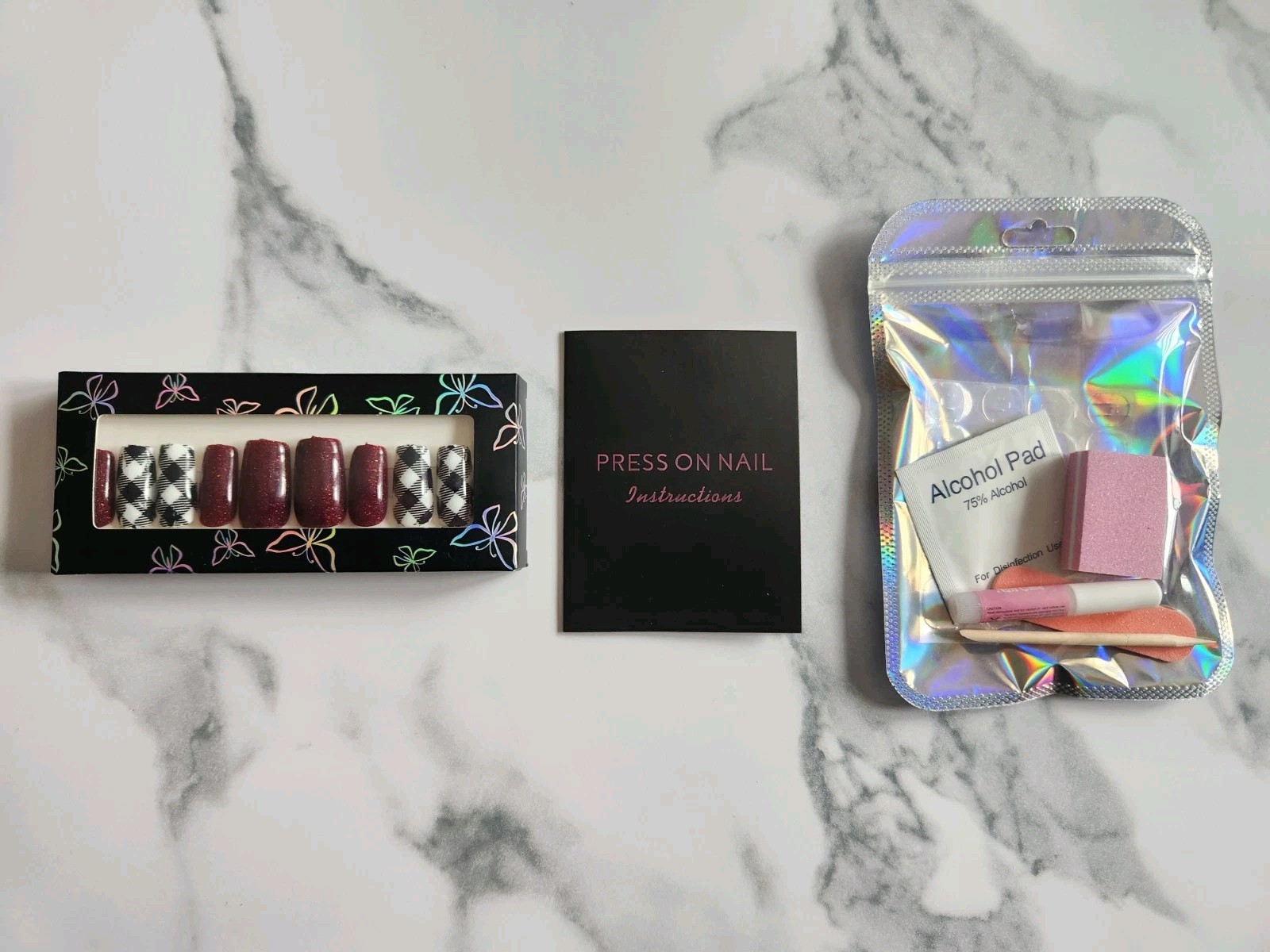 ✨️ Dark Glitter Red & Plaid Press-On Nails Set. 10 Pcs. Hand Painted!!! New.