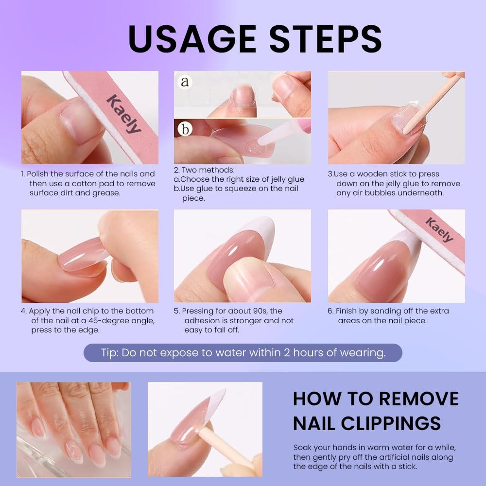 evpct French Tip Press On Nails Short Almond, Nude Pink + Gold Line & Dark Gr…