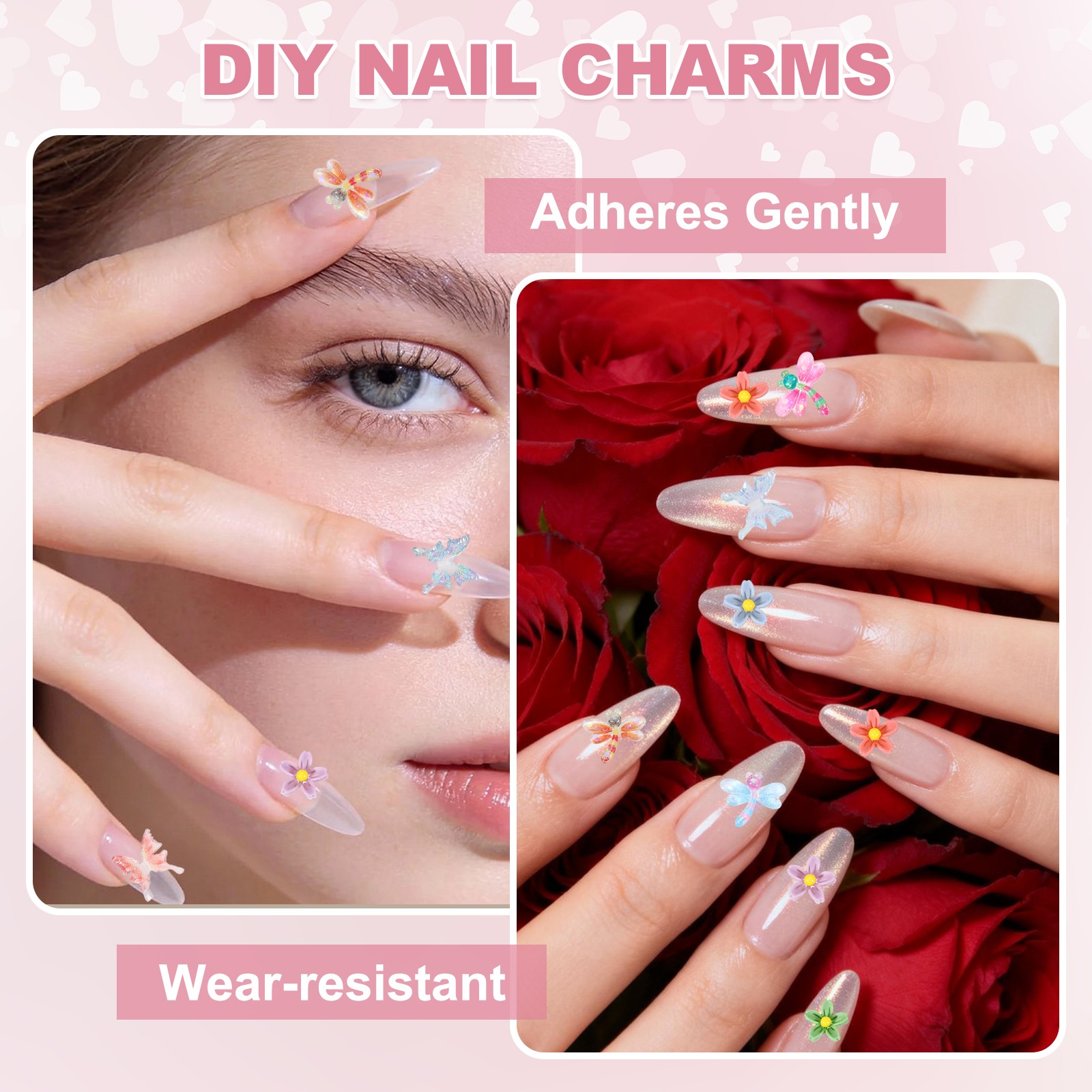 Resin Dragonfly, Mini Dragonfly 3D Flowers for Nails 50 Pcs & Pink/Blue