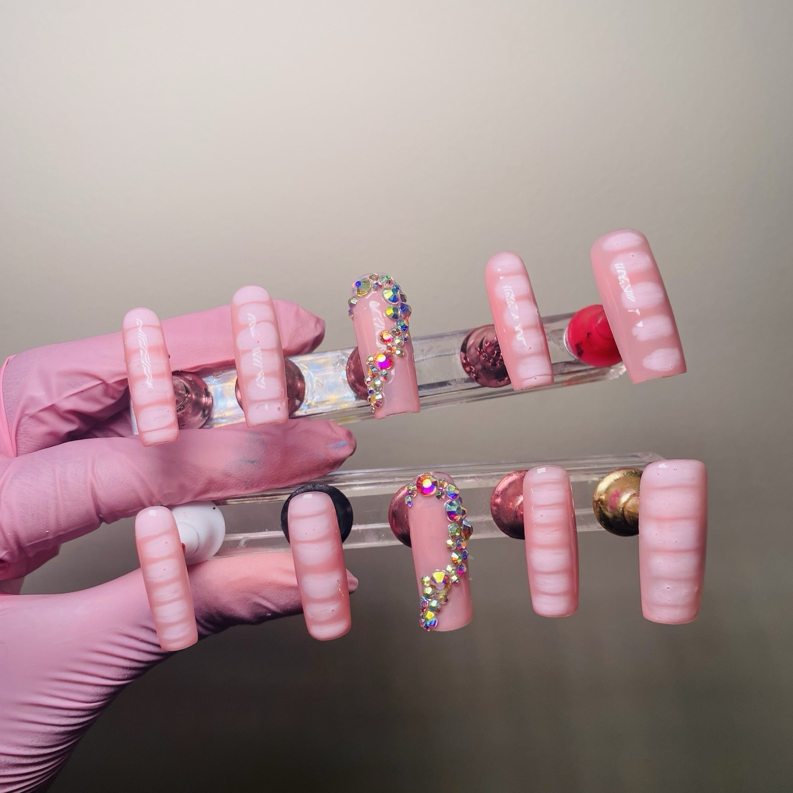 Square Press-On Nails Pink Shiny 3D Sparkle by Authentic Nail Arts by Dia