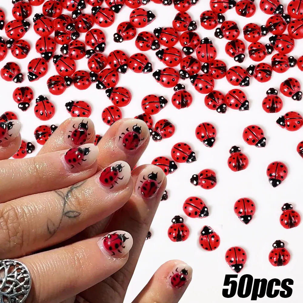 50Pcs Cute Insect Ladybug Nail Charms 3D Resin Ladybugs Nail Art Rhinestones