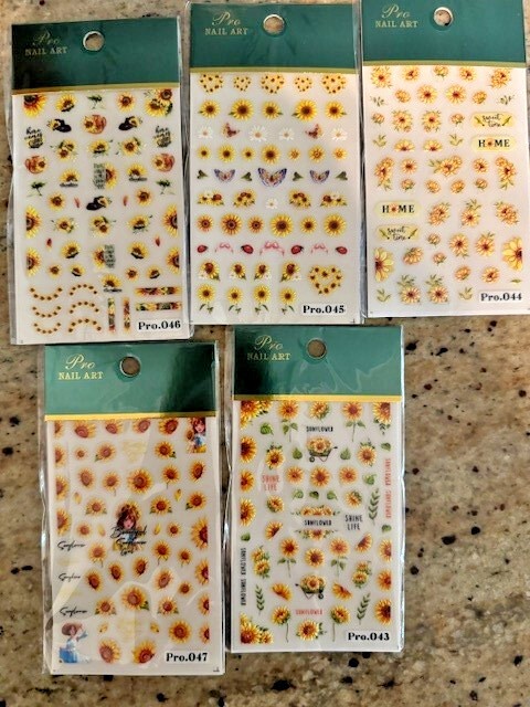 5D Embossed Sunflower Flower Butterfly Decal Nail Stickers Slider NS52
