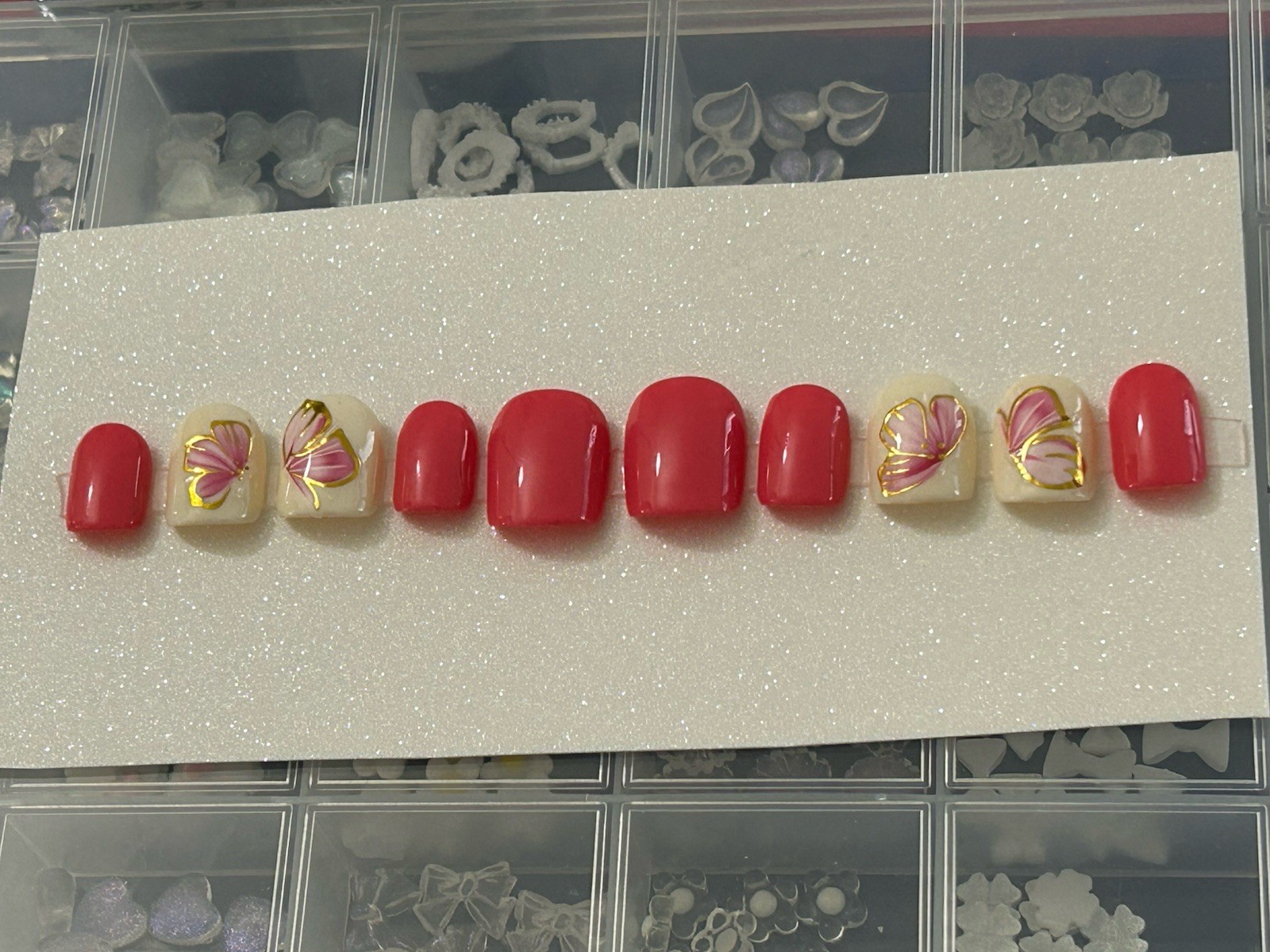 ✨Beautiful Summer Design Handmade Gel Press On Nails Coral Pink Square Short ✨