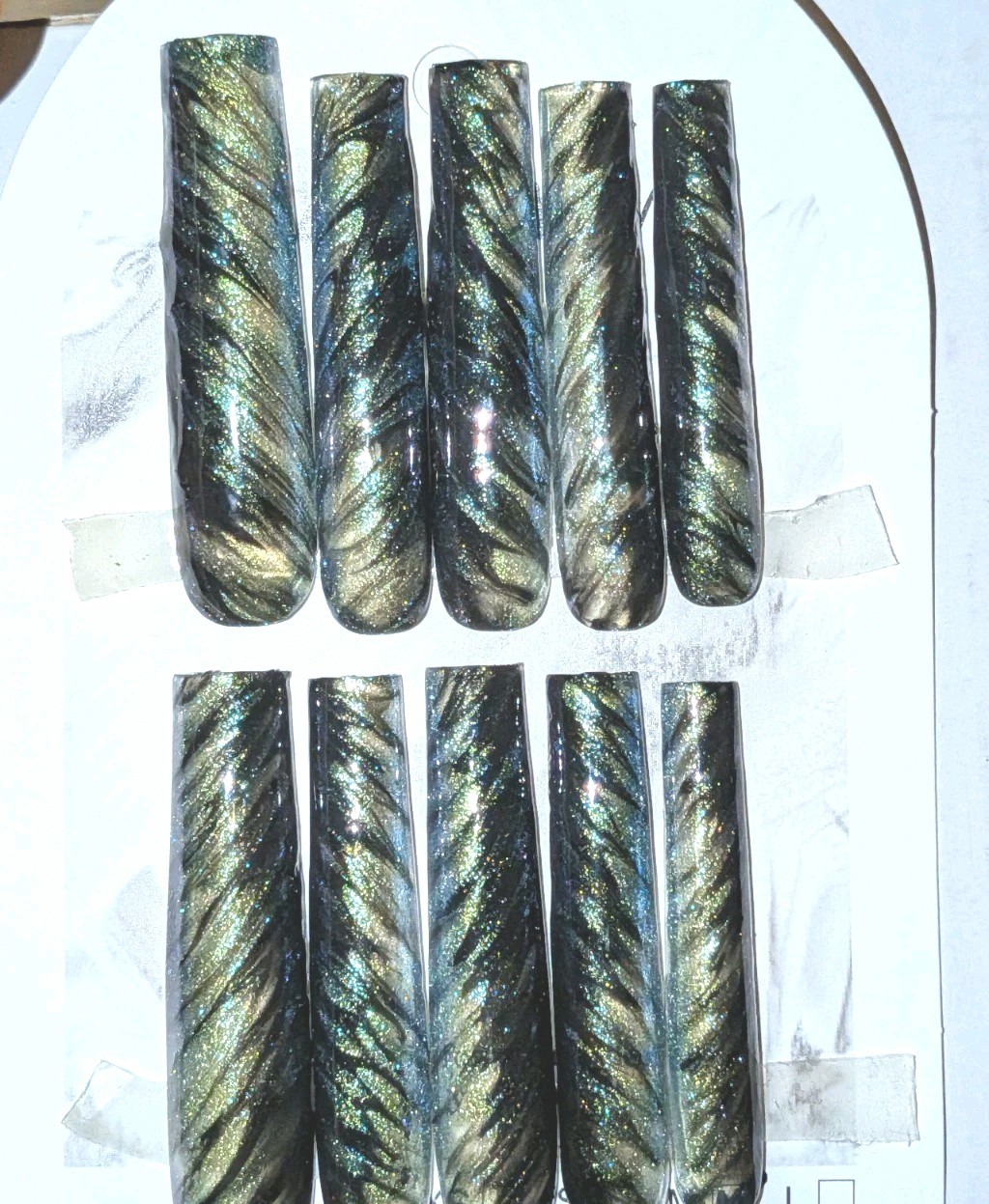 Hand crafted Black/Green custom cateye 10pc 3xl acrylic press on nails sz Medium