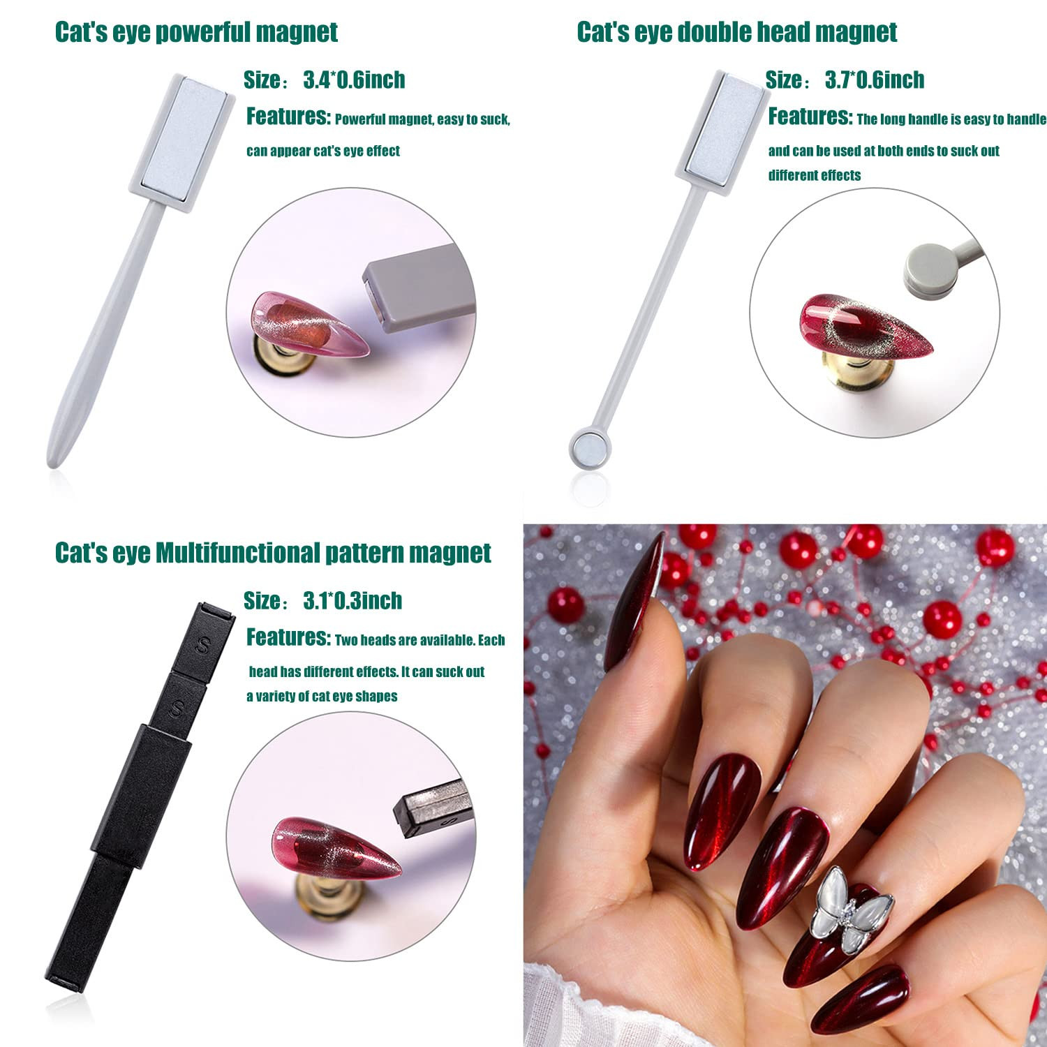 7 Pieces Cat Eye Magnet for Nails Double-Head Nail Magnetic Stick Multi-Function