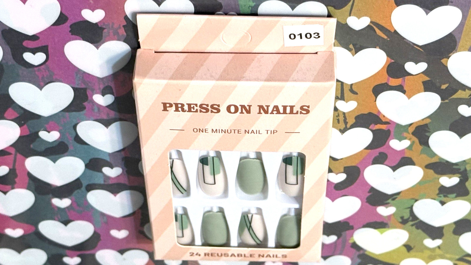 Press On Nails One Minute Nail Tip NUDE & SAGE GREEN with ABSTRACT 24 Long Oval