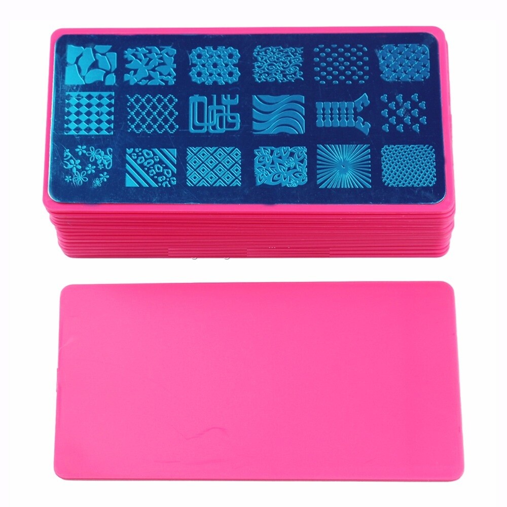 Nail Art Stamping Image Plates Stencil with Pink Holder