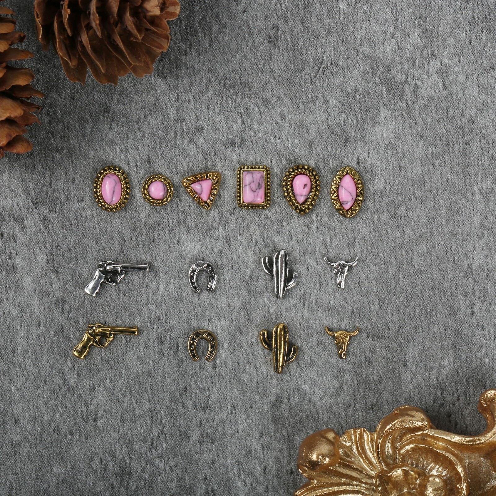50 PCS Western Nail Charms – Pink Turquoise 3D Gems, Retro Cowgirl Jewelry Gifts