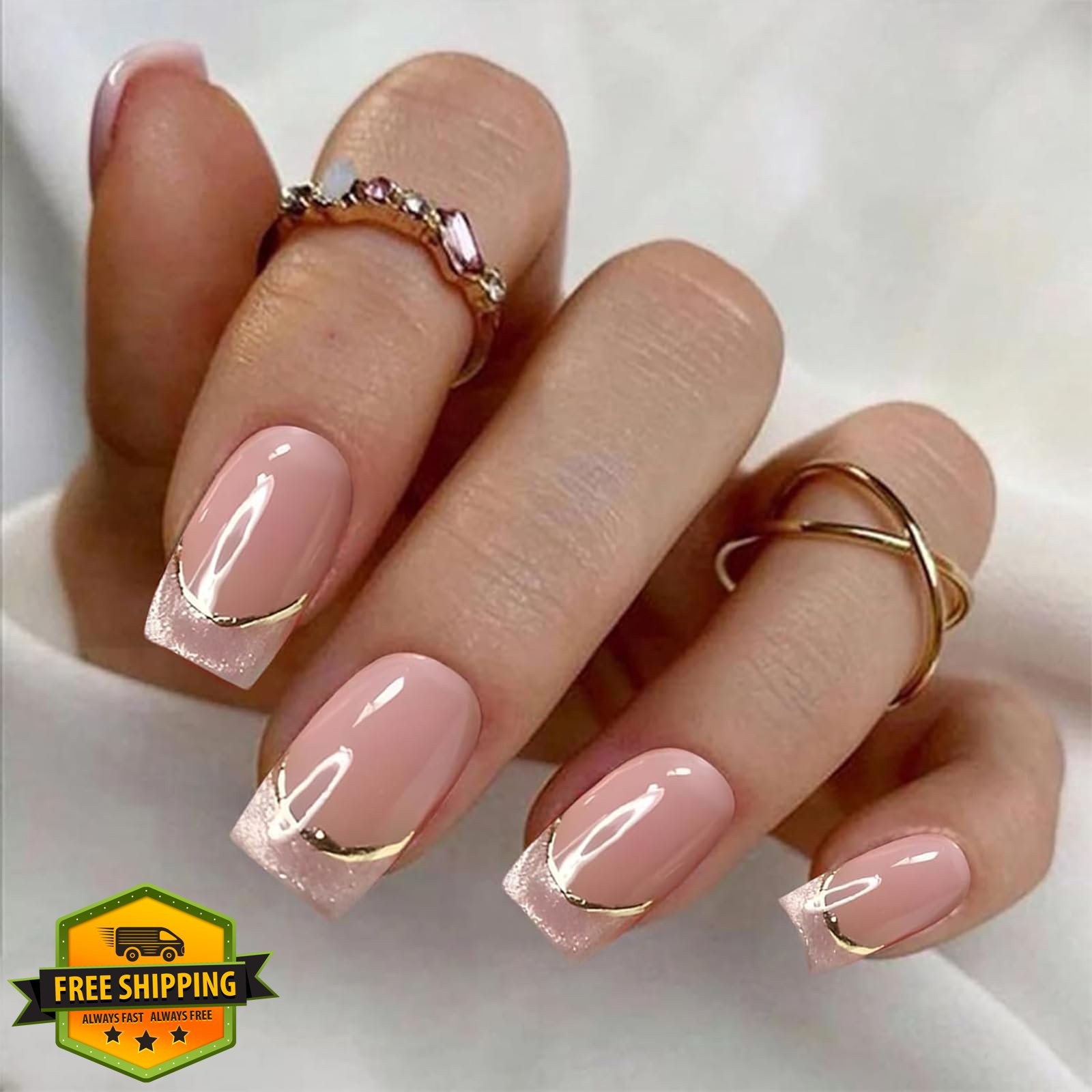 SEMATA Pink French Tip Square Nails Cat Eye Gold Line Design