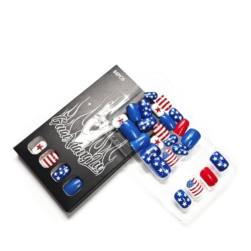 4th of July Press on Nails – Short Square Star Stripe Glitter Nails – A31