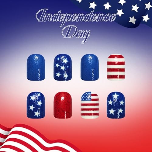 4th of July Press on Nails – Short Square Star Stripe Glitter Nails – A31