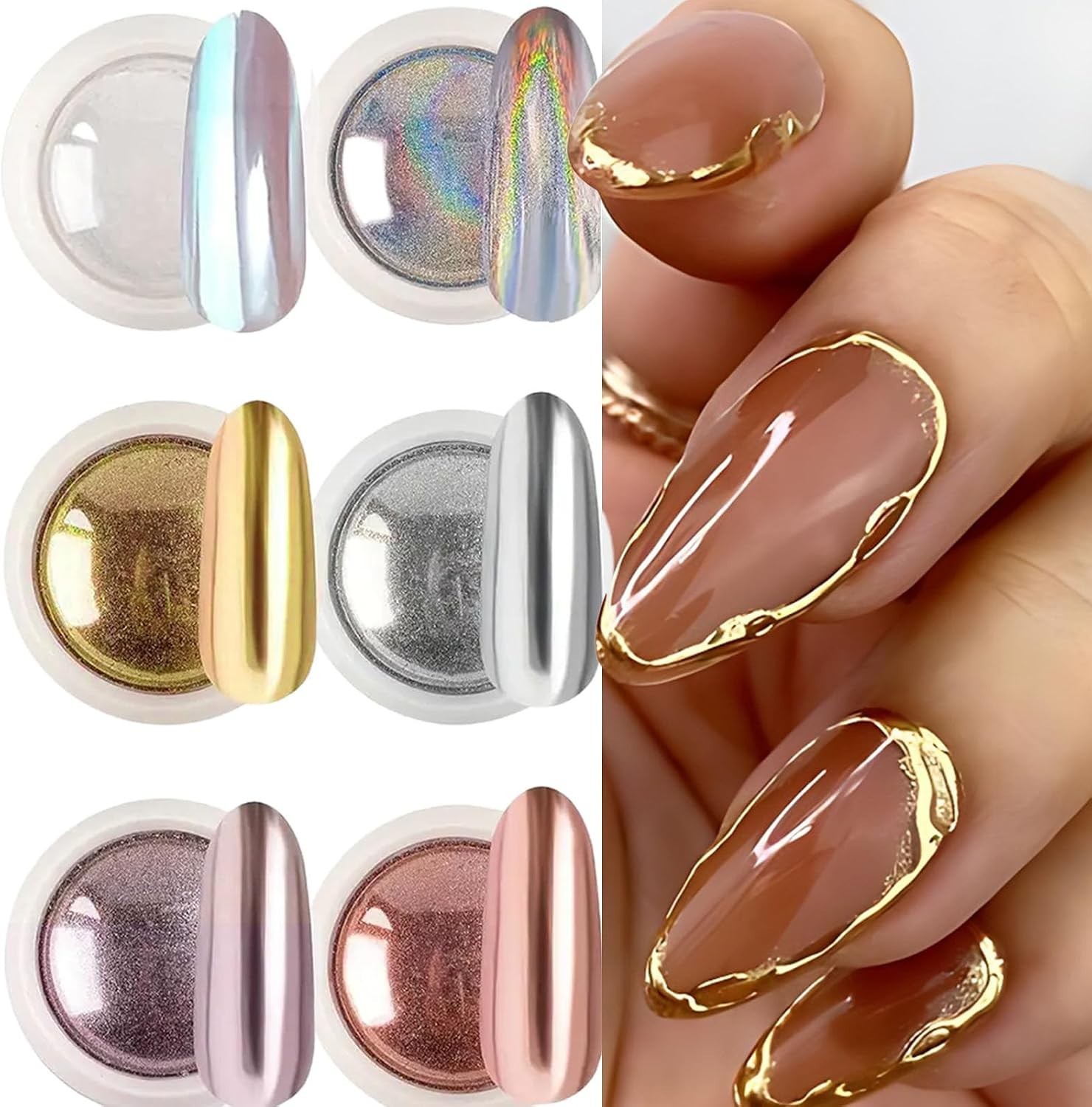 Chrome Nail Powder Set, 6 Colors Metallic Gold Silver Rose Pink White Mirror …