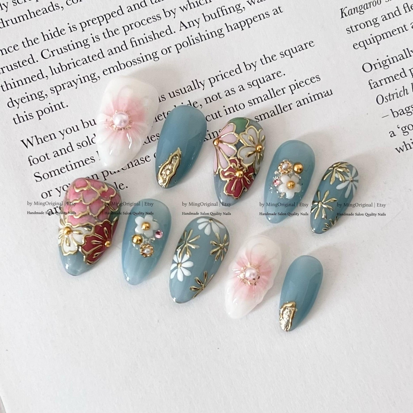 Handmade 3D Daisy Peony Floral Gold Wire Pearl Medium Almond Press on Nails
