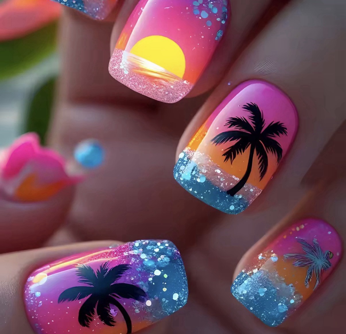 Glitter Summer Square Press-On Nails Set, Pink Yellow Blue Purple, Short
