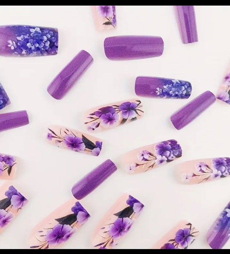 24 Pc Purple Pink Long Square Flower Press On Nails w/Glue & Nail
